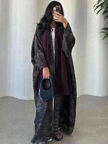 1pc Fashionable Minimalist Floral Retro Print Layered Open Sleeve Middle Eastern Women Long Dress, Elegant Robe/Abaya Suitable For Daily Wear And Festivals Spring Black - Black - View 2