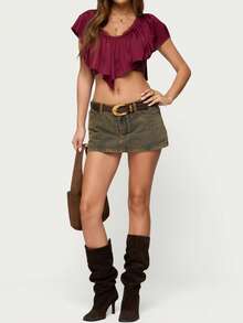 Women V Neck Ruffled Crop Top Y2K Frill Trim Batwing Sleeve Boho Blouse Summer Going Out Shirts Streetwear - Đỏ - Xem 4