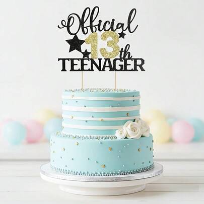 1个闪亮黑金“官方13岁青少年”蛋糕装饰插牌 | 生日快乐装饰 | 青少年主题派对用品 | 生日庆祝礼物