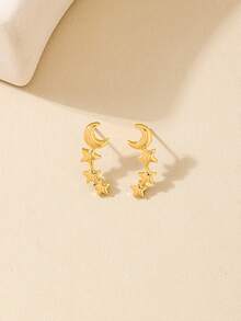 1 Pair Simple Design Metal Star & Moon Stud Earrings, Versatile For Daily Wear, Commute, Vacation, Picnic, Summer Campus - Yellow Gold - View 5