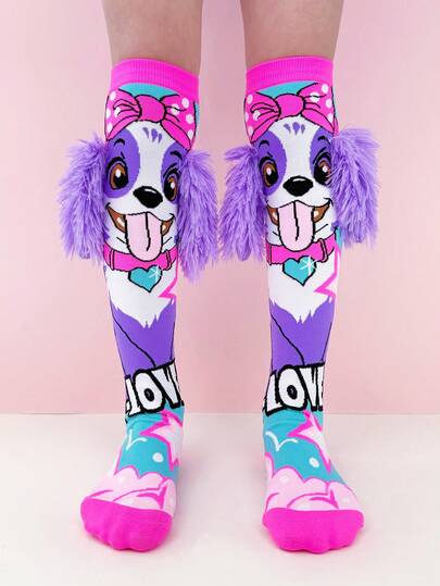 A Pair Of Children's Knee-High Socks With 3D Puppy Pattern And Ear Decorations.Kids Socks .Children's Socks. Funny Socks, Perfect For Autumn And Winter Wear. They Are An Ideal Choice For Festivals, New Year Celebrations, Outdoor Activities, Cosplay, Daily Wear, Parties, And Holiday Gifts.