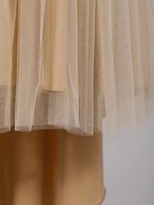 Girls Sequin Asymmetric Shoulder Lightweight Dress, Elegant Multi-Layer Tulle Bow Decor Princess Dress For Big Tween Girl - Gold - View 9