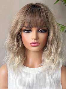 16英寸女士渐变刘海短卷发合成假发，适合日常佩戴或角色扮演。 - 漸層 - 查看 2