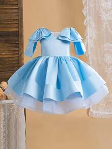 Young Girls' Simple Elegant Satin Dress With Thick Straps & Big Bow, Suitable For Birthday Party, Prom, Holiday Celebration, Does Not Include Headband - Baby Blue - View 2