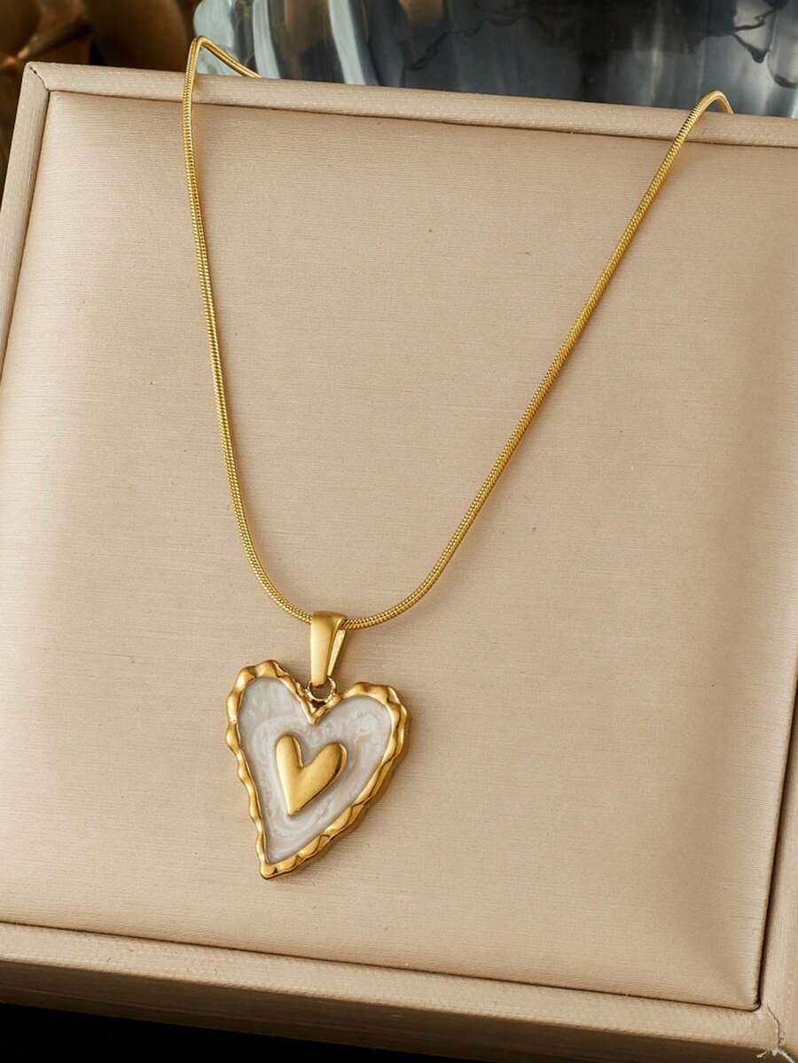 1 pieza Collar con colgante de disco de aceite de colores con forma de corazón geométrico circular chapado en oro de acero inoxidable de moda y retro - Dorado - Ver 1