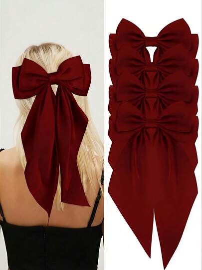 4 Pcs Large Satin Hair Bows For Women Girls, Oversized Long Tail Ribbon Bowknot Hair Clips, Burgundy Red French Barrette, Coquette Aesthetic Balletcore Hair Accessories For Wedding Valentine's Day Party Daily, Claw Clips, Hair Barrettes