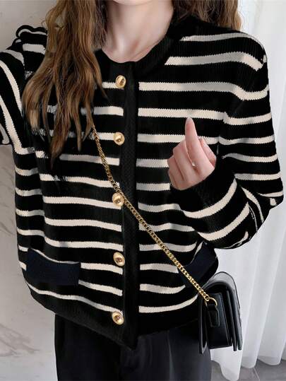 女士休闲经典条纹开衫，秋冬度假黑色