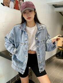 Spring Plus Women's Denim Jacket (Ultra Loose Light Washed Slanted Pocket), Solid Color Slanted Pocket, Casual Loose, New Year Jacket, Spring Fashionable Denim Jacket, Suitable For All Seasons, Button Front, Casual Outdoor Jacket, Valentine's Day Essential Women's Fashionable Denim Jacket Single Item Gift - Màu xanh nhạt - Xem 2
