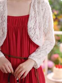 1 chiếc áo khoác cardigan ren mỏng nhẹ, áo khoác mùa hè thanh lịch tay dài thoáng mát, có thể phối cùng váy slip dress. - trắng - Xem 3