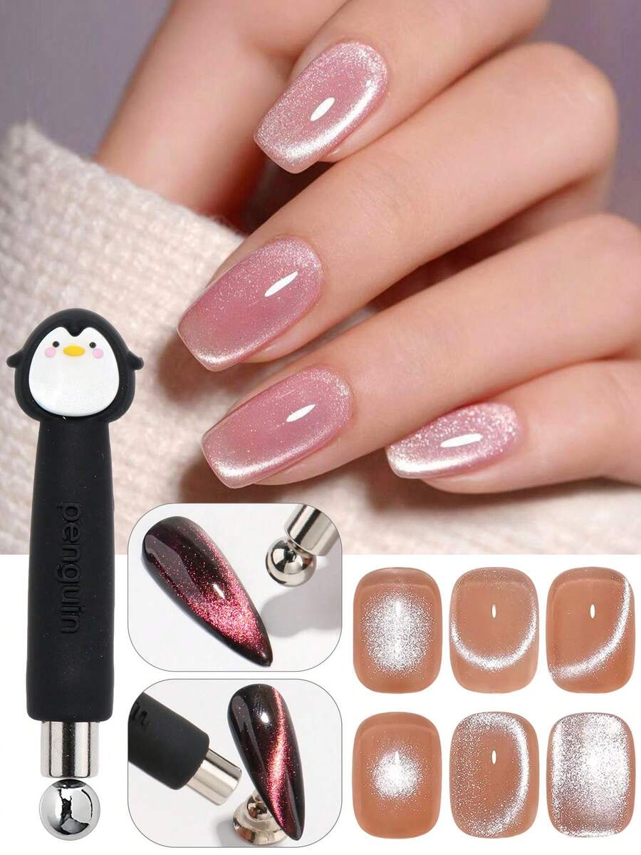 FULL BEAUTY 卡通企鹅猫眼磁棒，带磁珠，多功能二合一磁棒，强磁美甲宽边灯法式设计效果美甲DIY - 彩色 - 查看 1