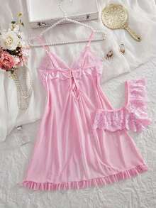 2-Piece Women's Sexy Sheer Lace Lingerie Set - Soft Sleepwear Featuring A Ruffled Tank Top And Shorts | Hand Wash, With Sheer And Opaque Layers, Suitable For Home And Outings | Perfect For Valentine's Day, Anniversaries, And Birthdays. - 粉色 - 查看 2