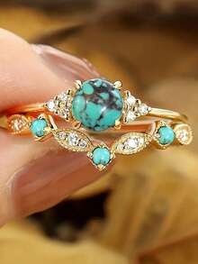 2 piezas/set Anillo de circonita cúbica de moda para mujer para boda, compromiso, aniversario, fiesta, joyería, regalo del Día de San Valentín - Amarillo Oro - Ver 10