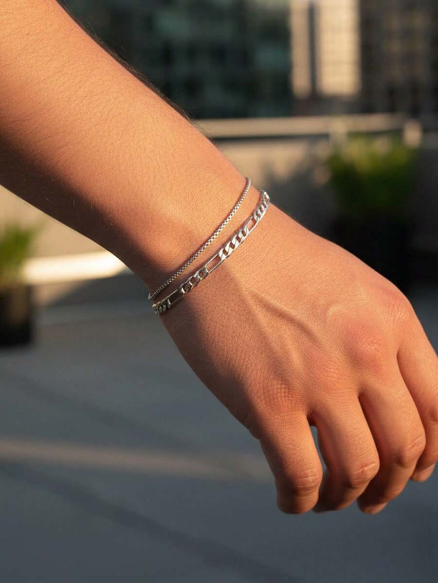 Bộ 2 chiếc vòng tay bằng thép không gỉ mạ vàng 18K hai lớp dành cho nam, thời trang và đa năng. - Bạc - Xem 1