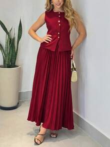 女士优雅酒红色背心和百褶裙套装 - 无袖设计，饰有金色纽扣，适合情人节约会、派对、婚礼宾客穿着，春夏皆宜 - 紅色 - 查看 4