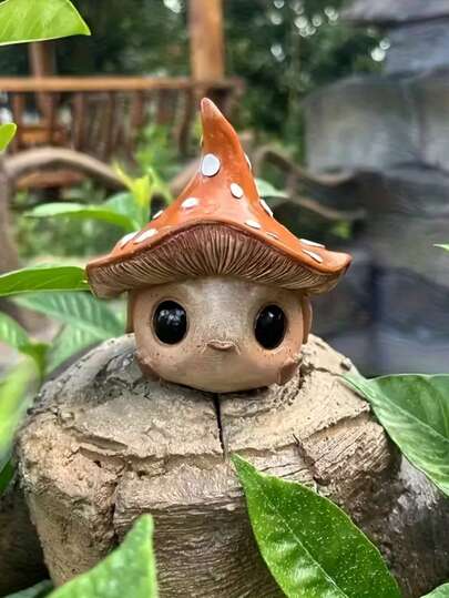 1pc Cute & Funny Big Eye Small Mushroom Figurine Statue, Cartoon Expression Design, Novelty Decor For Garden Or Indoor