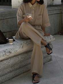 Look Polly Conjunto informal y elegante de verano para mujer de lino beige de 2 piezas, camisa abotonada y pantalones de pierna ancha para vacaciones y uso diario en primavera - Caqui - Ver 8
