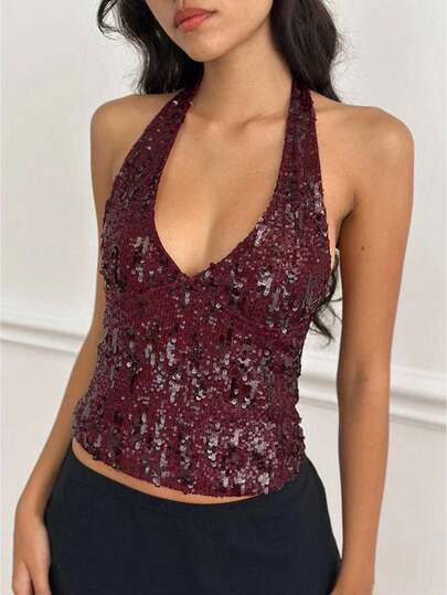 Womens Sequin Halter Neck Tank Tops Y2k Summer Solid Color Slim Fit Deep V Neck Crop Tops Backless Sleeveless Vest Going Out Party Wear