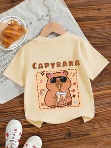 Young Girl Casual Graphic Print Crew Neck Short Sleeve T-Shirt, Summer Top - Apricot - View 4