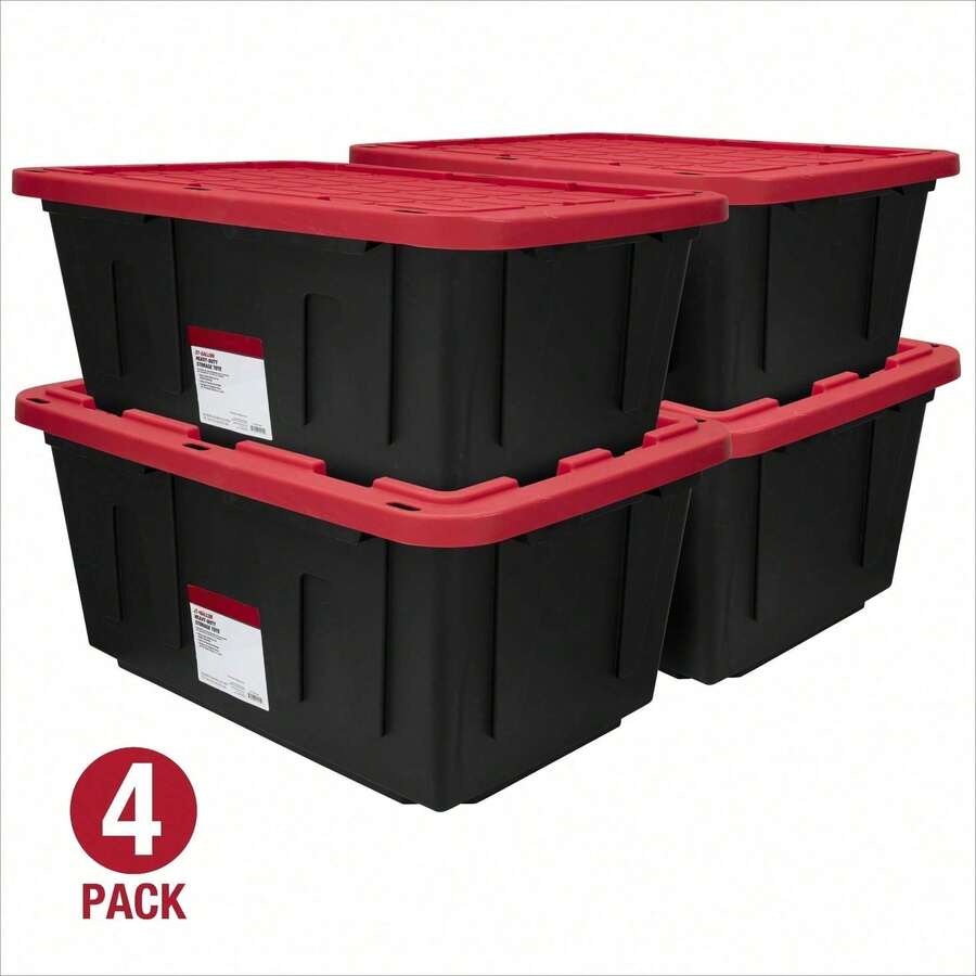 (Pack Of 4)  27 Gallon Large Storage Bin With Snap Lid, Black And Red, Heavy Duty Plastic Storage Container - 4 Pack - 查看 1