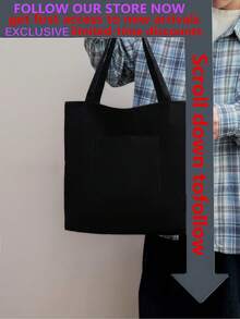 Men's Solid Color Tote Bag, Fashion Versatile Shoulder Handbag, Large Capacity Canvas Bag School Bag For College Bag For School Teacher Gifts Shopping Bag Back To School Supplies Tote Bag With Zipper Book Bag Large Tote Bag Travel Essential Canvas Tote Bag Laptop Bag Beach Weekend Bag Beach Bag Laptop Case - Black - View 2