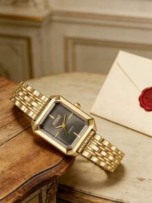 1pc Minimalist Fashion Bar Scale Dial High-Quality Steel Band Quartz Watch, Suitable For Birthday Gift, Halloween Gift, Year-End Promotion, Singles Day - Gold - View 3