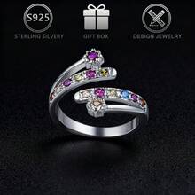1 pieza Anillo abierto de plata de ley 925 con circonita cúbica incrustada, adecuado para uso diario casual, fiestas, bodas, vacaciones, cumpleaños, regalo del Día de San Valentín para mujeres - Plateado - Ver 5