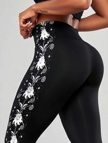 1pc Women's Side Printed Skinny Leggings, Casual Daily Wear - Black - View 9