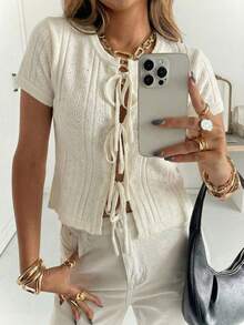 Women's Sexy Tie-Front Cropped White Top For Summer, Open Collar Jacquard Design, Fashionable & Elegant Vacation Essential - White - View 5