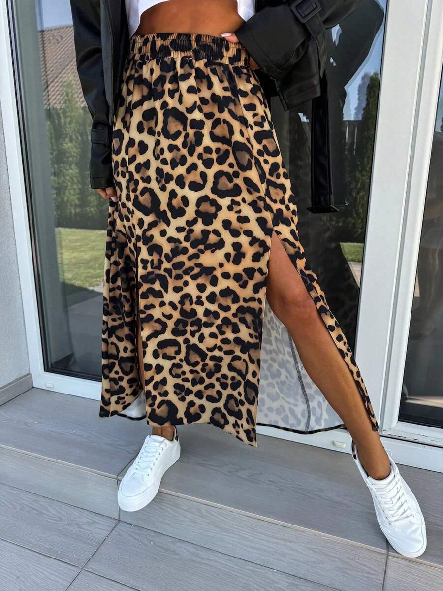 Women's Fashion Leopard Print Element A-Line Maxi Skirt, Side Slit Design Elongates Leg Line, Elastic Waist Fits Various Figures, High Waist Slimming Drape Vacation