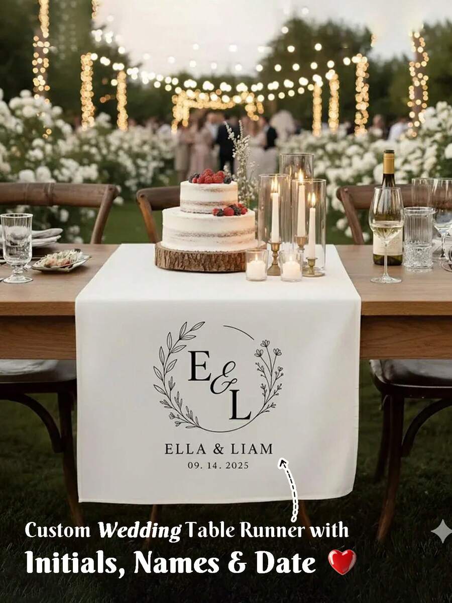 Customized Wedding Table Runner With Initials And Date, Wedding White Chiffon Tablecloth, Wedding Arch Decor, Wedding Reception, Bridal Shower, Party Decor, Birthday Parties, Dining Table Centerpiece Decoration, Personalized Gift