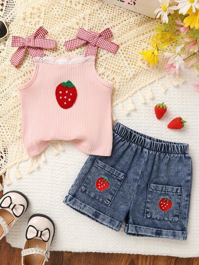 2pcs/Set Baby Girl Casual Elegant Cute Soft Comfortable Fleece Strawberry Embroidery Lace Bow Decor Camisole Top And Elastic Waist Blue Denim Shorts Set, Toddler Girls Summer Daily Wear, Vacation, Outdoor Activities