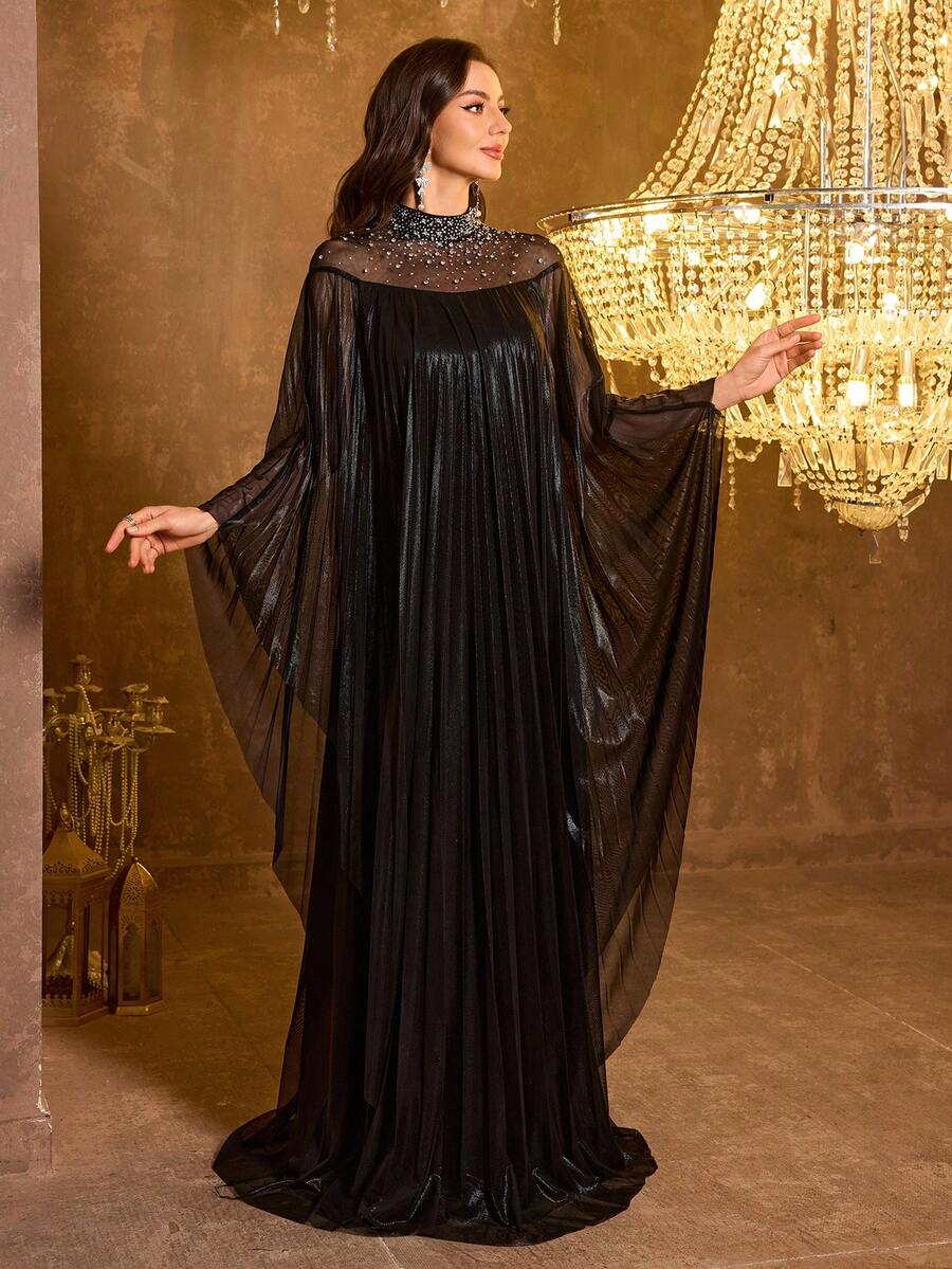 SUPGIR 女士立领串珠亮片拼接薄纱修身晚礼服 - 黑色 - 查看 1