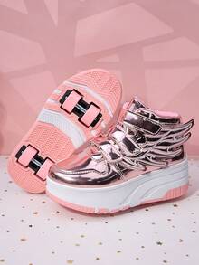 Kids Roller Skate Shoes With 4 Wheels, Detachable Wheels, Roller Skating Shoes, Fashion Casual Shoes With Hook And Loop, For Boys And Girls, Children And Students - Pink - View 2