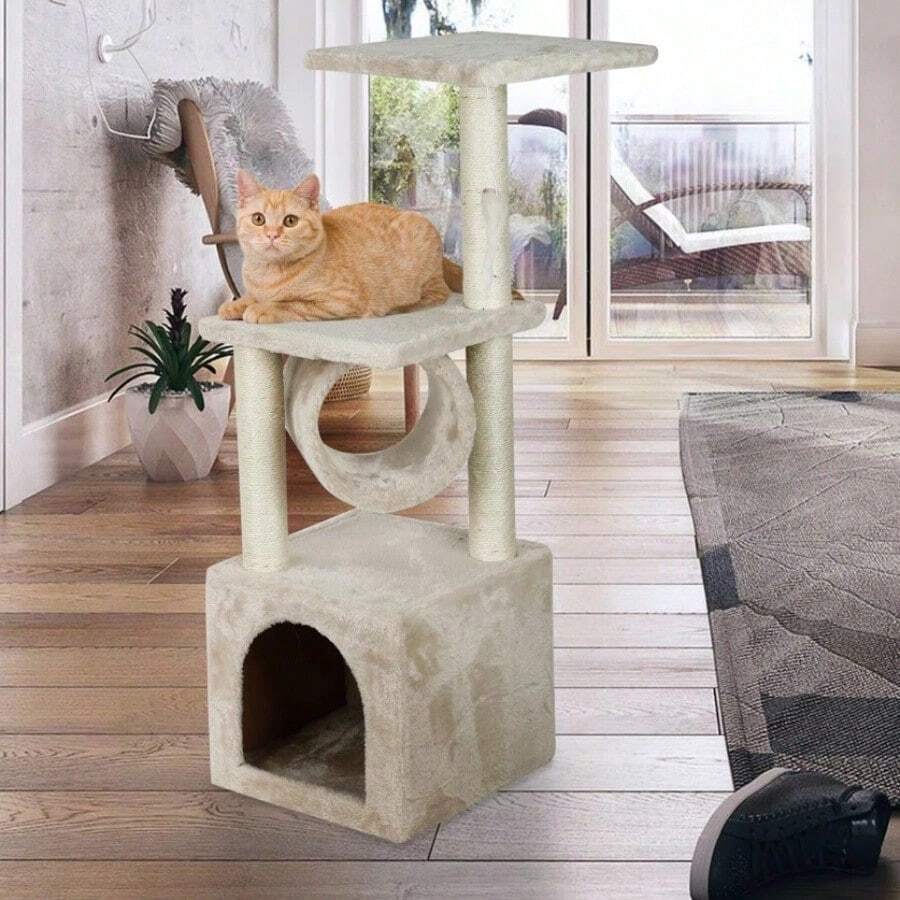 Árbol para Gatos Compacto de 3 Niveles Beige | Torre Rascadora de 90 cm con Plataformas y Postes de Sisal | Base 35x35 cm para Espacios Pequeños - Beis - Ver 1