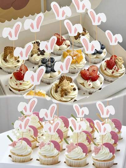 12个兔子耳朵蛋糕装饰插牌，非常适合复活节烘焙装饰、万圣节和圣诞节，也适用于圣诞节、新年、情人节和各种派对活动。