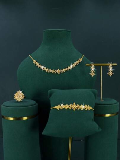 Juego de joyería nupcial de 5 piezas con baño de oro de 18K, diseño de hojas de estilo real y lujoso, con circonita cúbica blanca engastada a mano, que incluye collar, pulsera, aretes y anillo, adecuado para uso diario y bodas, regalo de aniversario de boda