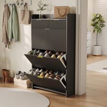 Schuhschrank mit 2 Schubladen, 3 Klappen mit verstellbarer Trennwand, Schuhschrank für 12 – 18 Paare, Schuhaufbewahrung für Eingang, Flur, Ankleidezimmer, 24 x 77 x 133 cm, Weiß/Schwarz - Schwarz - Übersicht 7