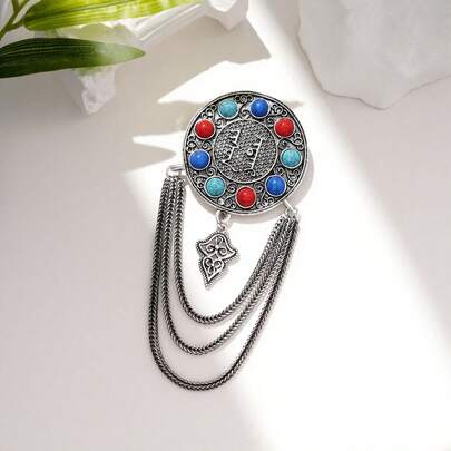 1 pieza Broche bohemio vintage de aleación de zinc con disco redondo desgastado, borla y falso turquesa, adecuado para uso diario de mujeres, se puede colocar en abrigos y bolsos, accesorio lindo