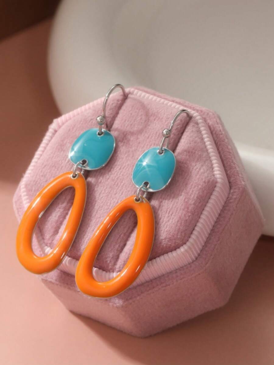 1 Pair Simple Bright Oval Pendant Earrings, Handmade Earrings, Casual & Vacation Style Earrings For Women - Two-color - View 1