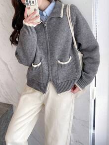 女士休闲复古风撞色领拉链开衫，秋冬款 - 灰色 - 查看 4