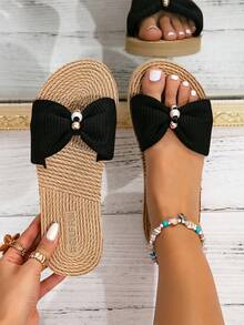 Women's Solid Color Flat Open Toe Sandals, Fashion Shoes With Thick Rope Texture Soles, Summer Beach Shoes - Black - View 7
