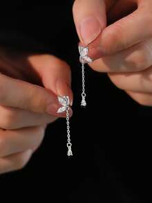 1 Pair S925 Sterling Silver Rhinestone Butterfly Tassel Earrings, Elegant Feminine Woodland Style Sweet Earrings, Versatile For Daily Wear, Lovely Butterfly Earring Gift - Multicolor - View 5