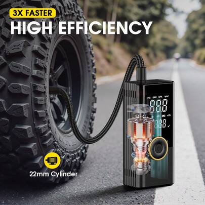  Carsun trådlös dubbelskärmsluftkompressor med stort batteri, ryggsäcksförvaring, starkt LED-ljus, automatisk avstängning, 5 förinställda lägen för exakt uppblåsning