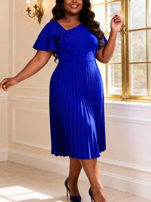 שמלת A-קו אלגנטית עם מחשוף אסימטרי ושרוולים אלגנטיים לנשים במידות גדולות, מתאימה לנסיעות, טקס סיום לימודים, טקס כנסייה, שמלת סיום לימודים - כחול - ראה 4