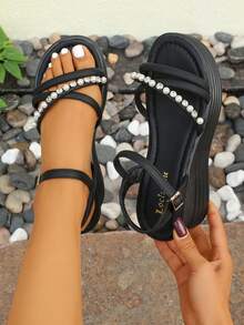 LOCLSVYOU Preppy Style Buckle Criss-Cross Beach Sandals, New 2026 Collection, Gold Buckle, Comfortable Fashion House Slippers, Soft Wedge Thick Sole Round Toe Casual Sport Sandals, Countryside Vacation Sandals With Pearl & Rhinestone Decor - Black - View 1