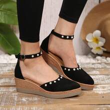 Women's Casual Pearl Pointed Toe Wedge Sandals, Breathable Fabric Upper, High Heel & Cushioned PU Sole, Comfortable Buckle Closure, Fashion Summer Shoes - Black - View 6