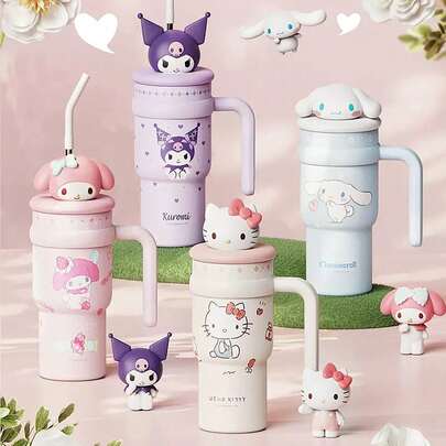 名创优品三丽鸥Hello Kitty、酷洛米、布丁狗 700毫升不锈钢保温杯，带吸管和提手，可爱卡通水瓶，圣诞礼物，适合车载、办公、旅行