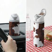 [Local Warehouse] 1 Pc 24oz Insulated Stainless Steel Water Bottle, Realistic Brown And White Cowhide Print, Western Rustic Style Animal Skin Pattern For Ranchers And Farmers, Aesthetic Cowboy Gear For Valentines Day Gifts. - 1PC - View 5