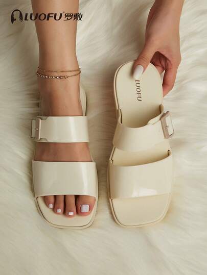 luofu 2026 Summer Simple Women's Slip-On Flat Slippers With Buckle Strap, Solid Color EVA Non-Slip Casual Outdoor Mule Slippers