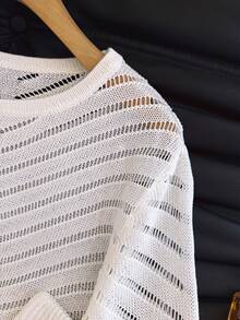 女士优雅短袖镂空套头衫和修身迷你裙两件套针织套装，时尚休闲海滩度假装 - 白色 - 查看 6